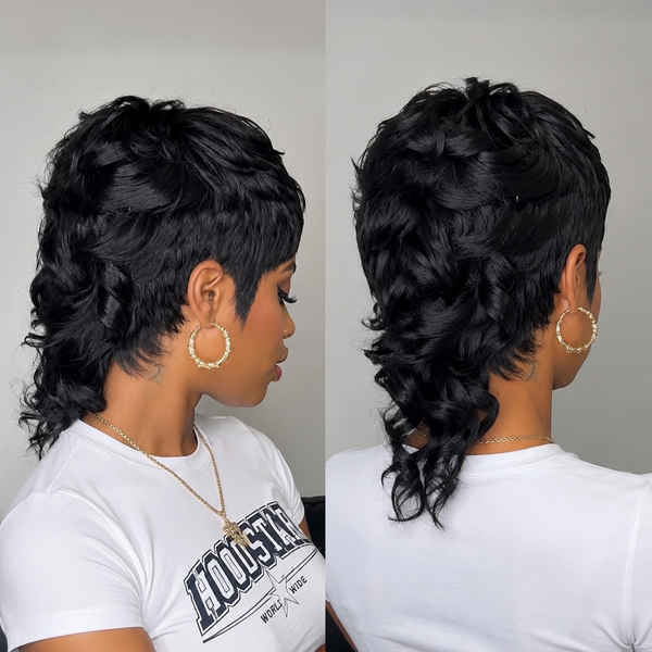 Bequeen Black Fashion 10 inch Long Natural Wave Full Cap Mullet