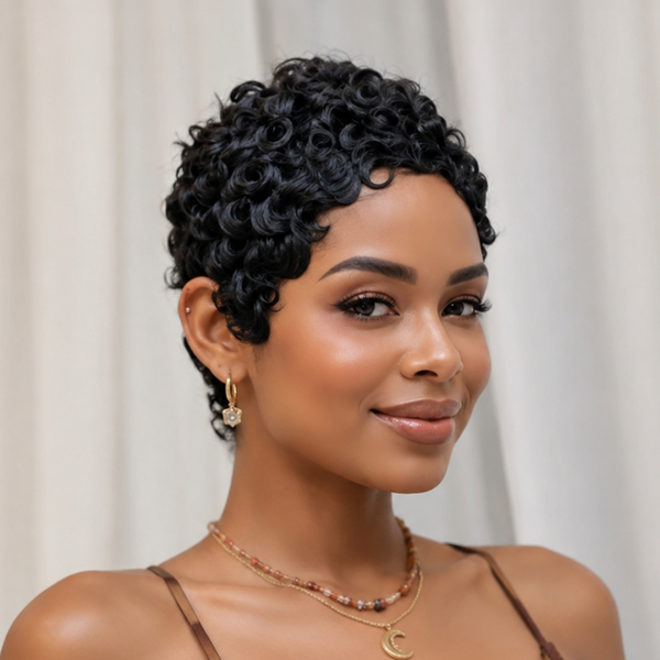 Bequeen Black Finger Wave No Lace Machine Made Short Cut Daily Full Cap Wig