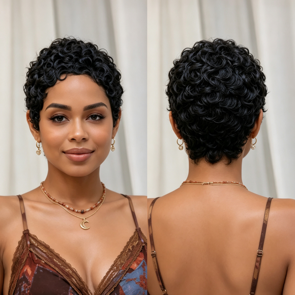Bequeen Black Finger Wave No Lace Machine Made Short Cut Daily Full Cap Wig