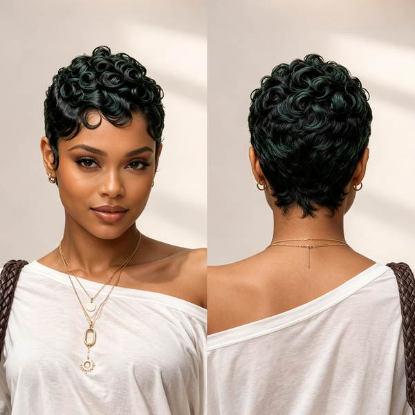 Bequeen Atrovirens Finger Wave Style Pixie Cut 13 ×4 Lace Wig For Black Women