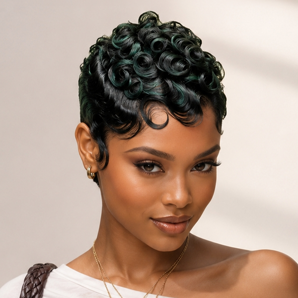 Bequeen Atrovirens Finger Wave Style Pixie Cut 13 ×4 Lace Wig For Black Women