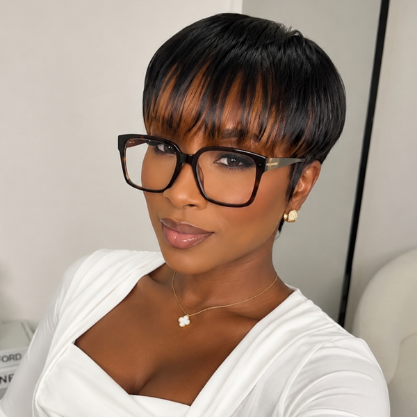 Bequeen Black Highlight Brown Natural Style Pixie Cut Wig For Black Women