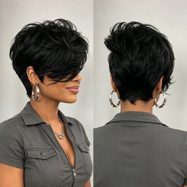 Bequeen Black Natural Style Side Part 13 ×4 Lace Pixie Short Cut Wig