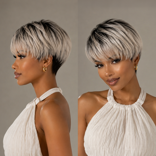 Bequeen Black Root Silver Straight Natural Style Pixie Wig