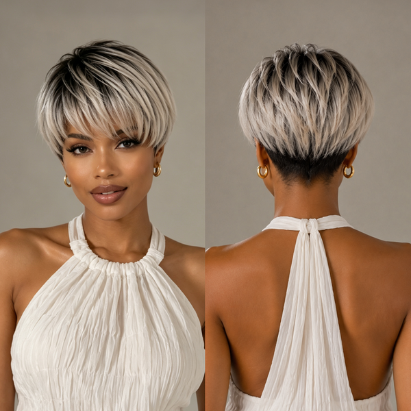 Bequeen Black Root Silver Straight Natural Style Pixie Wig