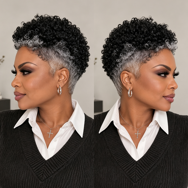 Bequeen Black&White TWA Style Frontal Lace Glueless Wig 100% Human Hair