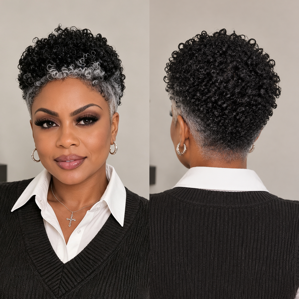 Bequeen Black&White TWA Style Frontal Lace Glueless Wig 100% Human Hair