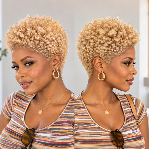Bequeen Blonde Small Kinky Curly Wave 13×4 Lace Glueless Pixie Full Cap Wig