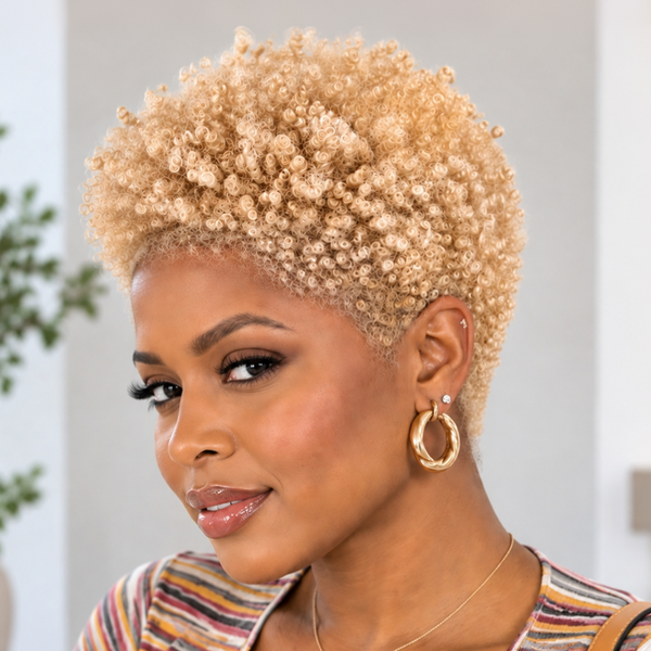 Bequeen Blonde Small Kinky Curly Wave 13×4 Lace Glueless Pixie Full Cap Wig