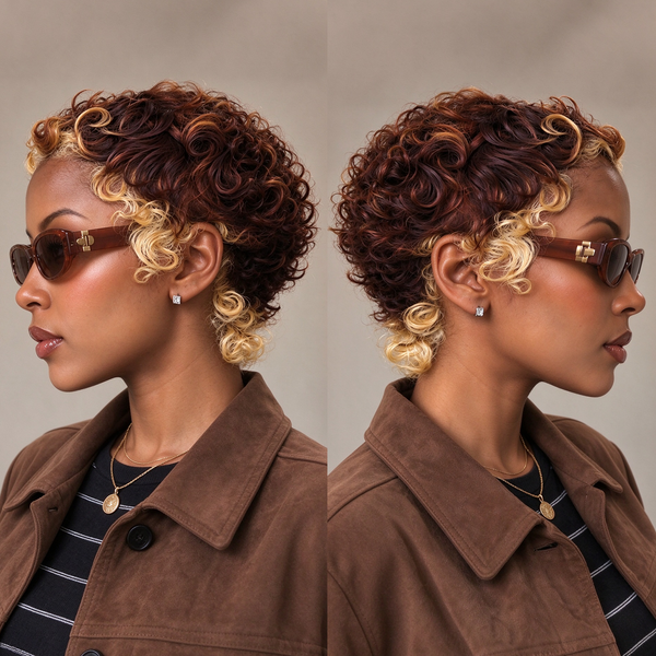 Bequeen Bronze 2 Tones Finger Wave Glueless Pixie Full Cap Wig
