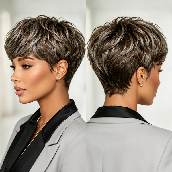Bequeen Brown Mixed Grey Pixie Cut Wig No Lace Special Style