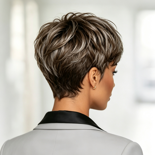 Bequeen Brown Mixed Grey Pixie Cut Wig No Lace Special Style