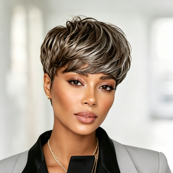 Bequeen Brown Mixed Grey Pixie Cut Wig No Lace Special Style