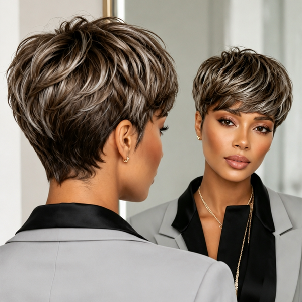 Bequeen Brown Mixed Grey Pixie Cut Wig No Lace Special Style