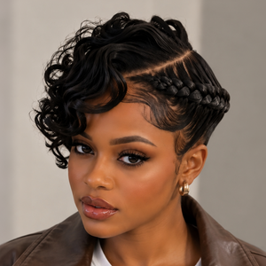 Bequeen Cool Black Side Part Natural Wave Style Braid Full Lace Wig Frontal View
