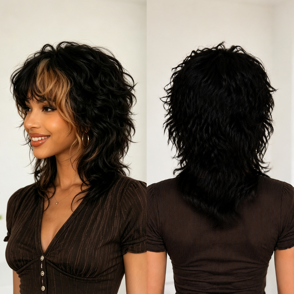 Bequeen Cute Loose Wave Glueless Highlight Brown Mullet Wig with Bang