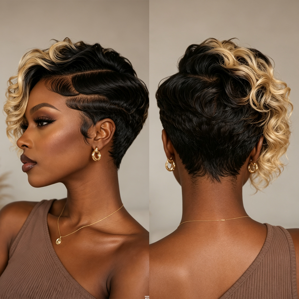 Bequeen Dark Root Mixed Golden Water Wave Lace Pixie Cut Wig