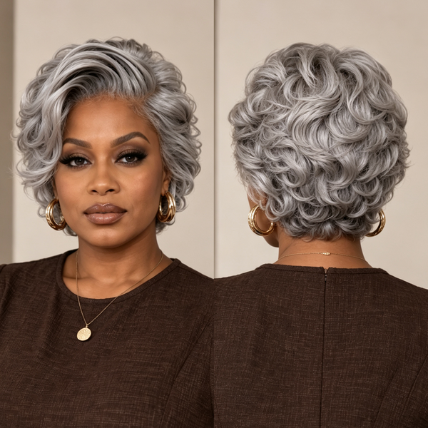 Bequeen Elegant Sliver Grey Wavy Lace Glueless Bob Wig 100% Human Hair