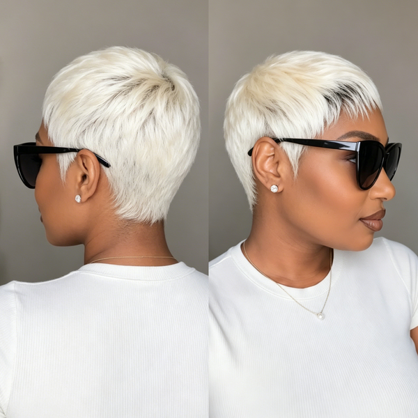 Bequeen Frontal Highlight Black Holiday Platinum Pixie Cut Machine Made Wig