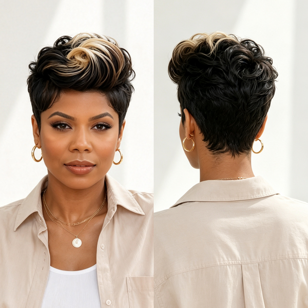 Bequeen Frontal Lace Highlight Blonde Slicked-back Style Pixie Short Cut Wig-1