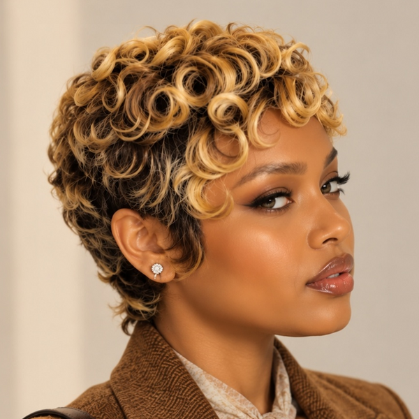 Bequeen Golden Highlight Finger Wave No Lace Pixie Wig