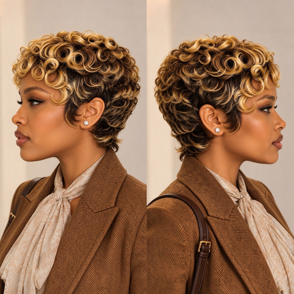 Bequeen Golden Highlight Finger Wave No Lace Pixie Wig