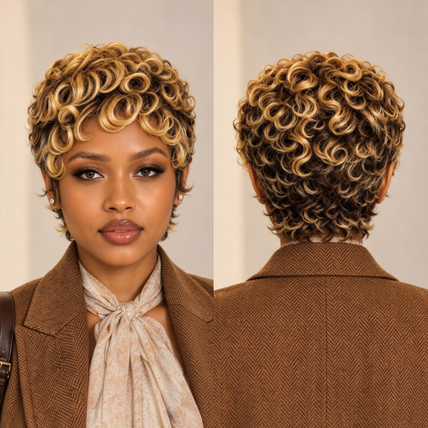 Bequeen Golden Highlight Finger Wave No Lace Pixie Wig
