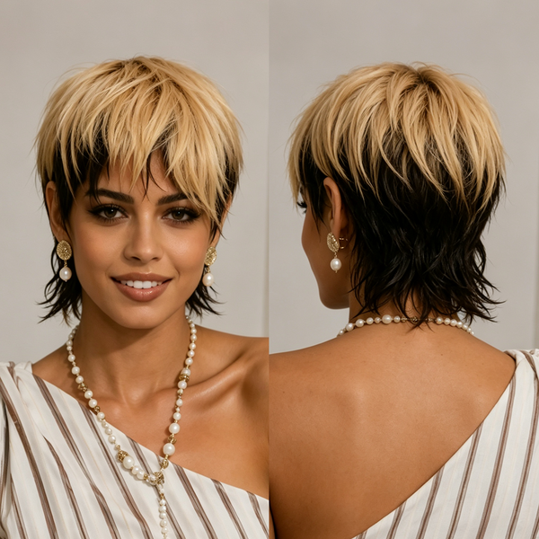 Bequeen Highlight Blonde Black Root Wolf Tail Style Pixie Cut No Lace Wig For Black Women
