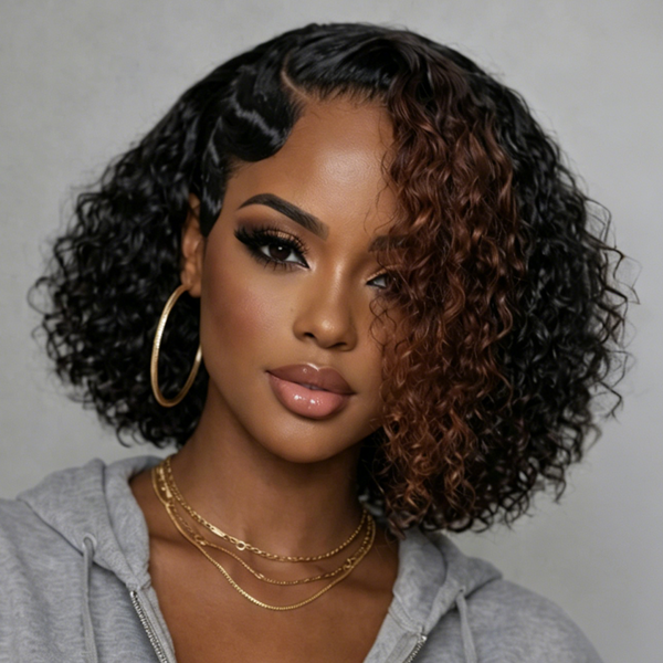 Bequeen Highlight Brown Curly Side Part Lace Pixie Wig
