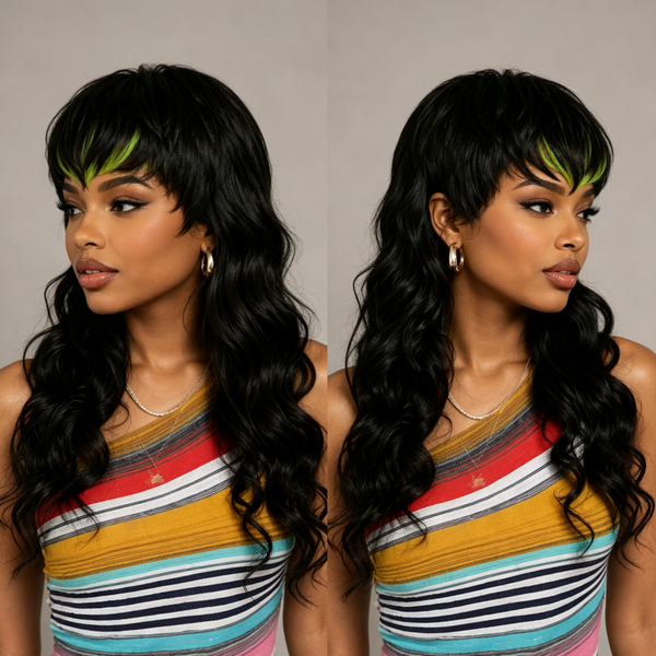Bequeen Highlight Fluorescent Green Loose Wavy 20 inch Long Mullet Wig