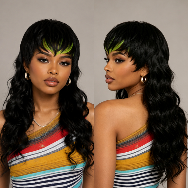 Bequeen Highlight Fluorescent Green Loose Wavy 20 inch Long Mullet Wig