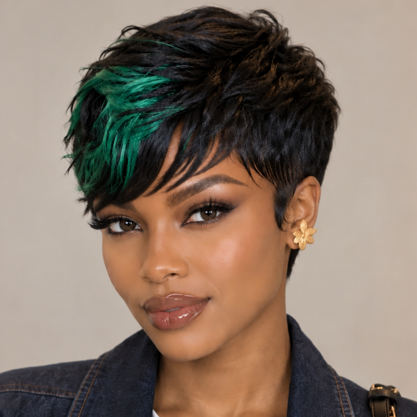 Bequeen Highlight Green Pixie Cut No Lace Wig For Black Women