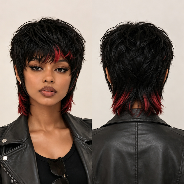 Bequeen Highlights Red Short Cut Pixie Mullet Style Wig with Bang