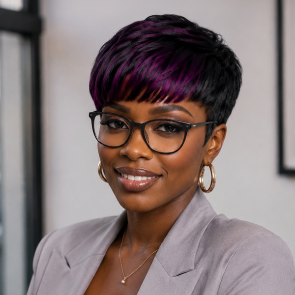 Bequeen Natural Black Highlight Purple Short Cut Pixie Bang Wig