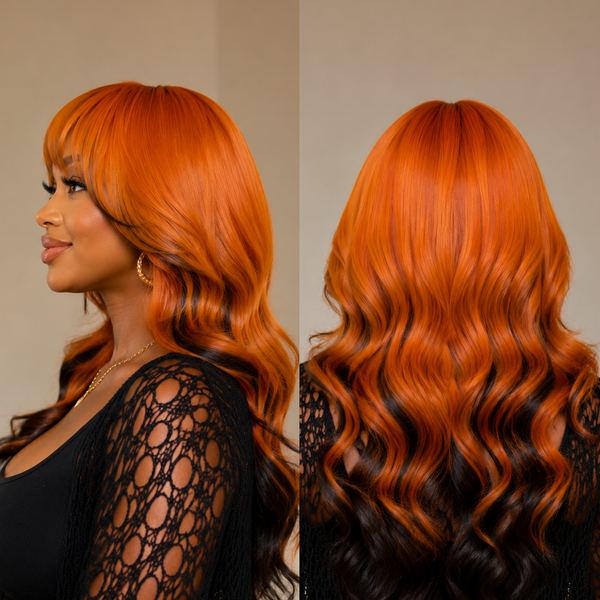 Bequeen Orange Mixed Black Color Bang Style Wave 22 inch Long Customized 100% Human Hair