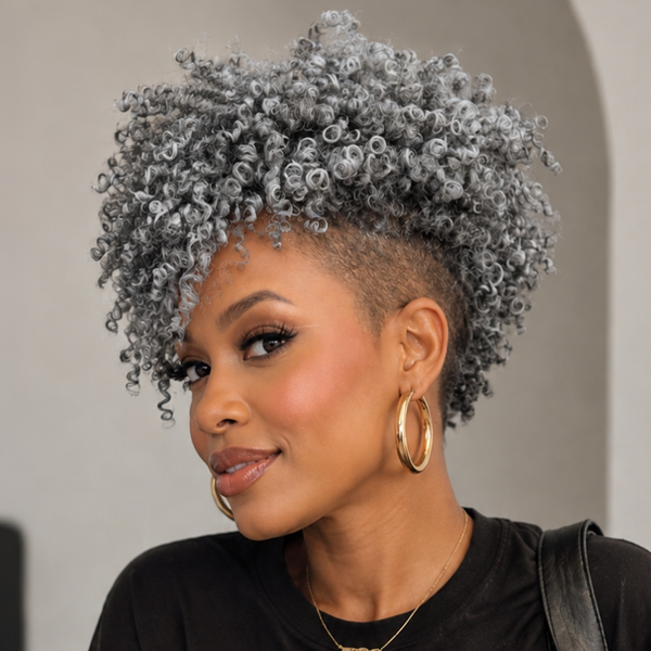 Bequeen Salt & Pepper Machine Made Kinky Curly Topper Unit 100% Human Hair