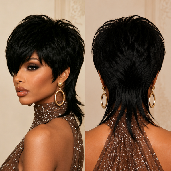 Bequeen Short 1B Mullet Glueless Wig With Bangs