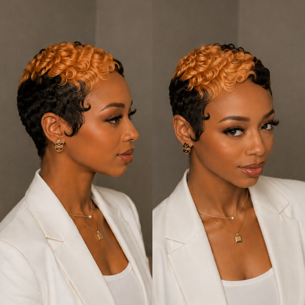 Bequeen Side Front Highlight #350 Small Finger Wave No Lace Glueless Pixie Full Cap Wig