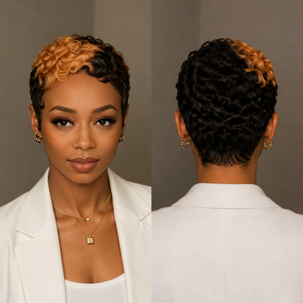 Bequeen Side Front Highlight #350 Small Finger Wave No Lace Glueless Pixie Full Cap Wig