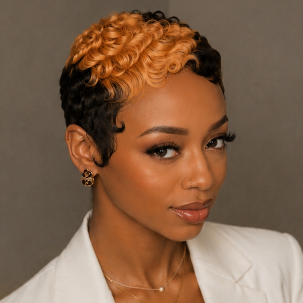 Bequeen Side Front Highlight #350 Small Finger Wave No Lace Glueless Pixie Full Cap Wig