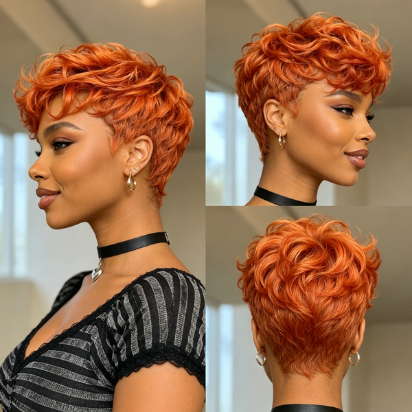 Bequeen Sunset Orange #350 Loose Wave Style No Lace Pixie Wig 100% Human Hair