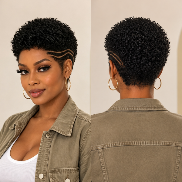 Bequeen TWA Curly Edge Style 13×4 Lace Pixie Full Cap Wig