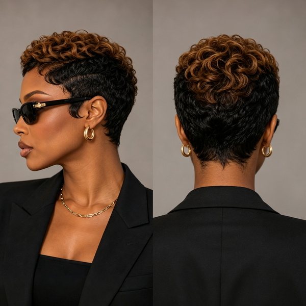 Bequeen Top Highlight Brown Finger Wave Style Pixie Cut Frontal Lace Wig