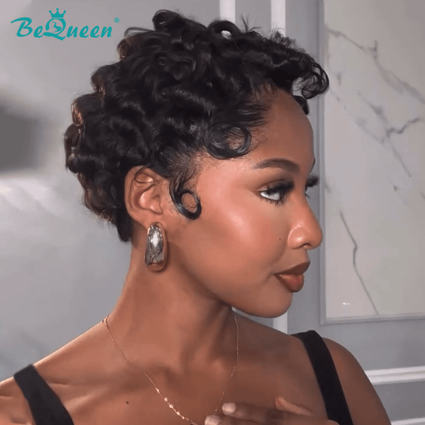 Bequeen black 100% human hair wig side view daily