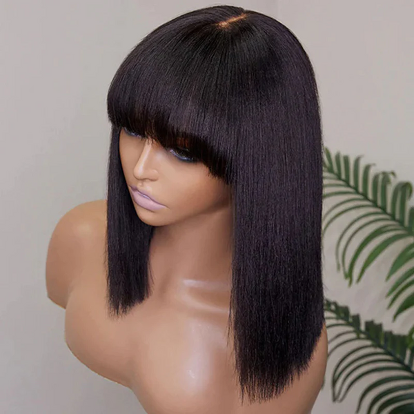 BEQUEEN 1B Straight 100% Virgin Human Hair Machine Made Wig With Bangs BeQueenWig