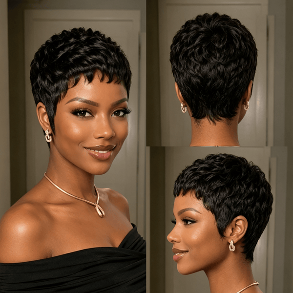 BeQueen Wig PIXIE WIGS Bequeen 100% Human Hair Black Small Wave Pixie Short Cut Wig
