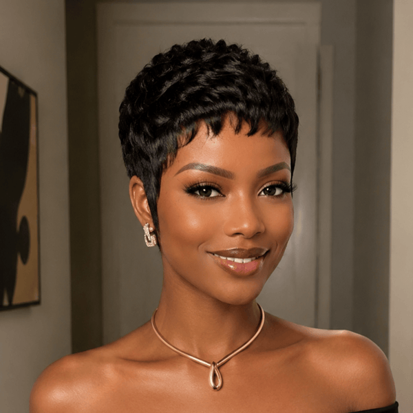 BeQueen Wig PIXIE WIGS Bequeen 100% Human Hair Black Small Wave Pixie Short Cut Wig