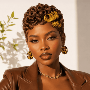 BeQueen Wig PIXIE WIGS Bequeen 100% Human Hair Brown Highlight  Golden Finger Wave Pixie Short Cut Wig