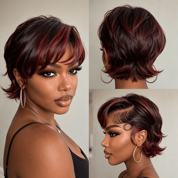 BeQueen Wig PIXIE WIGS BEQUEEN 13×4 Frontal Lace Side Part Mixed Burgundy Short Cut Full Cap Wig
