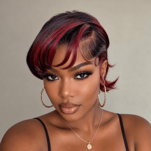 BeQueen Wig PIXIE WIGS BEQUEEN 13×4 Frontal Lace Side Part Mixed Burgundy Short Cut Full Cap Wig